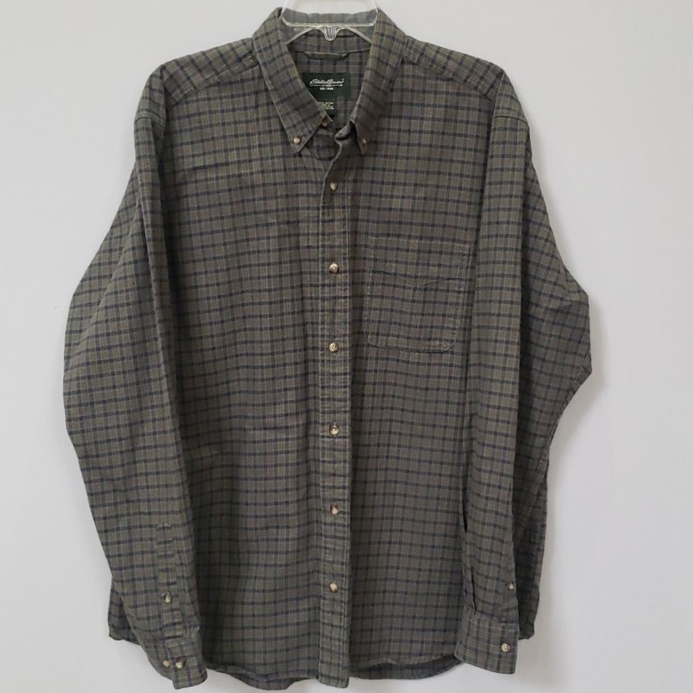 Eddie Bauer Flannel Shirt Mens Long Sleeve Button Down Plaid Blue Olive Cotton